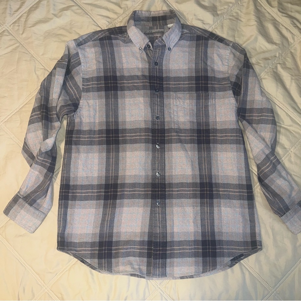 Fieldmaster Plaid Flannel Cabincore Shirt Men's M Long Sleeve Gray Outdoor Gorp